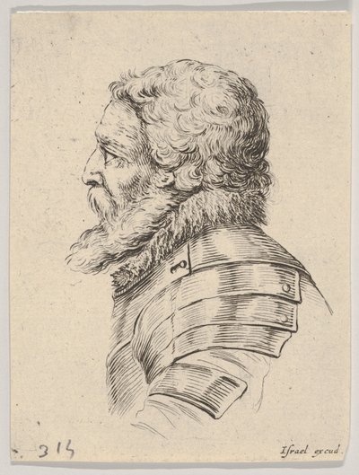 Tafel 7: Büste eines bärtigen Soldaten in Rüstung, nach links im Profil, aus Verschiedene Köpfe, 1650 von Stefano della Bella