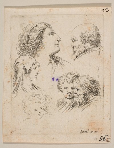 Tafel 9: fünf Köpfe, zwei junge Frauen links, ein bärtiger Mann oben rechts, eine junge Frau..., ca. 1649 von Stefano della Bella