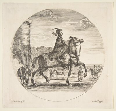 Polnischer Reiter im Profil nach rechts, ein Turm und andere Figuren auf Pferden im Hintergrund von Stefano della Bella