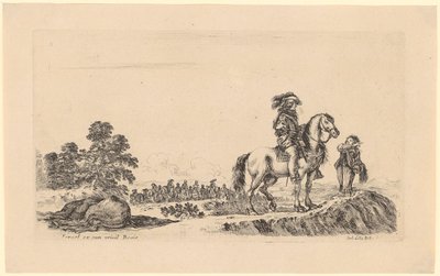 Reiter, der nach dem Weg fragt, hinter ihm eine große Gruppe Reiter von Stefano della Bella