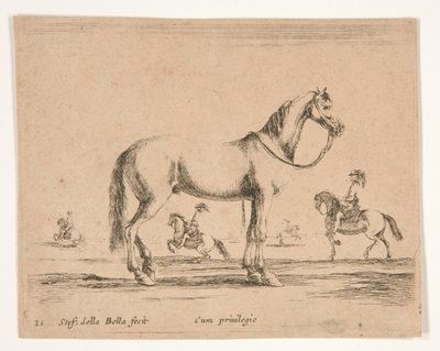 Reiterloses Pferd, mit Reitern im Hintergrund von Stefano della Bella