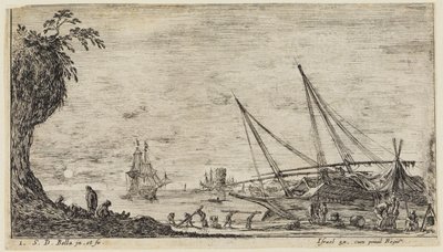 Seehafen mit Seeleuten und Arbeitern, die Holzstämme befördern von Stefano della Bella