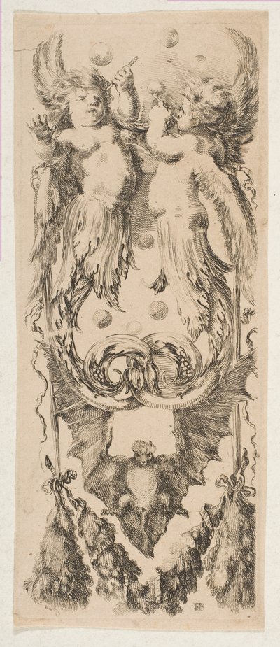 Zwei geflügelte Kinder, deren Körper sich in Ornament verwandeln und Seifenblasen blasen, ca. 1653 von Stefano della Bella