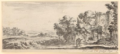 Zwei Pilger vor einer Ruine, im Hintergrund eine Viehherde von Stefano della Bella