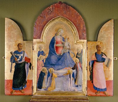 Jungfrau und Kind mit Engeln und Dominikanischem Heiligen, St. Peter links, St. Paul rechts, 15. Jahrhundert von Studio of Fra Angelico