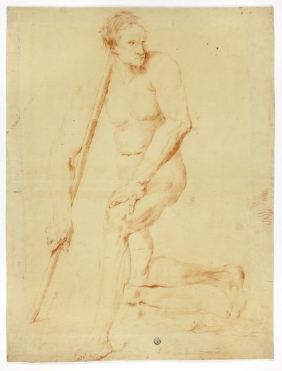 Akademischer männlicher Akt, auf einen Stab gelehnt von Style of Pompeo Girolamo Batoni