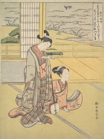 Ein junger Mann und eine Frau mit einer Shamisen, Mönch Saigyo, aus einer Serie, die auf die Drei anspielt, ca. 1768 von Suzuki Harunobu