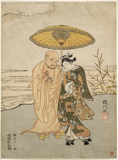 Daruma und eine junge Frau im Regen von Suzuki Harunobu