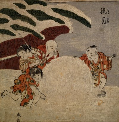 Vier Jungen machen eine Schneeball, ca. 1768 (Farbholzschnitt) von Suzuki Harunobu