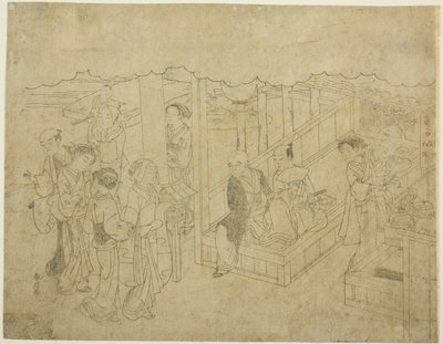 Schlüsselblockdruck für Die Einführung (Miai), das erste Blatt aus der Serie "Ehe in Brokatdrucken, der Wagen der tugendhaften Frau (Konrei nishiki misao-guruma)" von Suzuki Harunobu