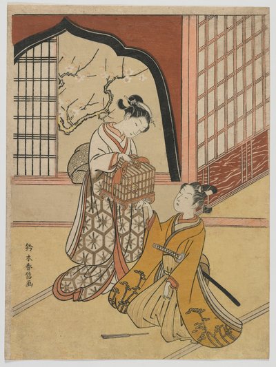 Liebende mit einem Vogelkäfig, Edo-Zeit, ca. 1766-67 von Suzuki Harunobu