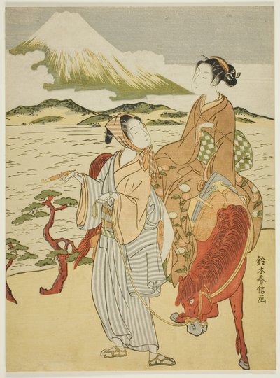 Pause, um den Berg Fuji zu bewundern (Parodie auf Ariwara no Narihiras Reise nach Osten) von Suzuki Harunobu