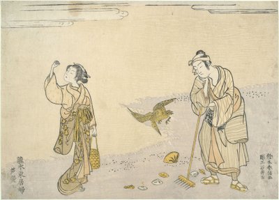 Rechen von Schilf: Östliche Schönheiten am Strand von Suzuki Harunobu