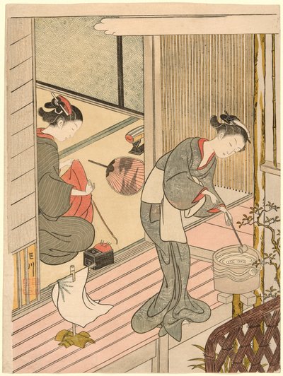 Rückkehrende Segel des Handtuchhalters (Tenugui-kake no kihan), aus der Serie "Acht Ansichten des Salons (Zashiki hakkei)" von Suzuki Harunobu