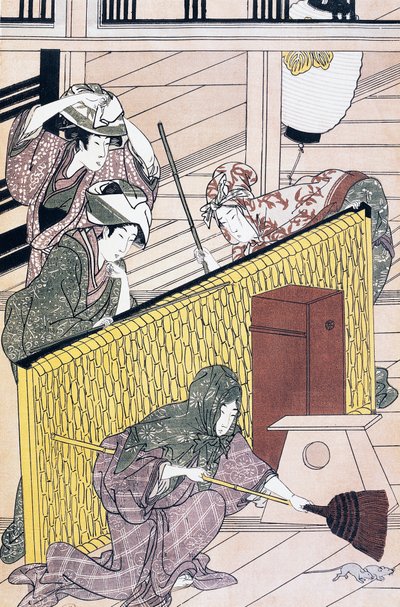 Diener jagt Mäuse im Haus, Ukiyo-e-Kunstdruck von Suzuki Harunobu (1725-1770), Holzschnitt, japanische Zivilisation, Edo-Periode von Suzuki Harunobu