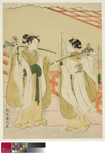 Schrein-Mädchen Onami und Ohatsu tanzen am Yushima Tenjin Schrein, ca. 1769 von Suzuki Harunobu