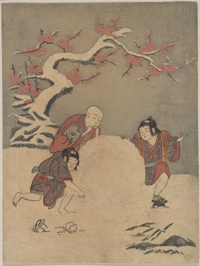 Drei Jungen bauen einen Schneemann von Suzuki Harunobu