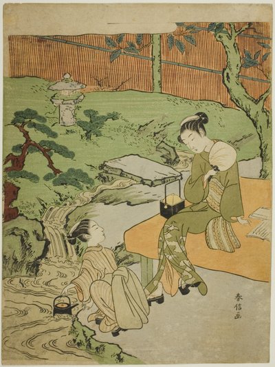 Zwei Mädchen genießen die Abendkühle im Garten von Suzuki Harunobu