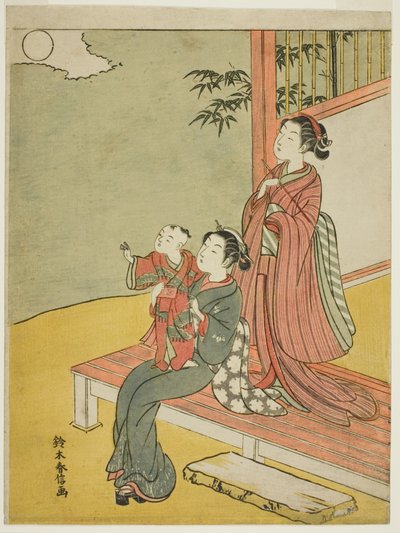 Zwei Frauen und ein Kind betrachten den Vollmond von Suzuki Harunobu