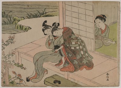 Frau beobachtet junges Paar, das sich auf einer Veranda umarmt, späte 1760er Jahre von Suzuki Harunobu