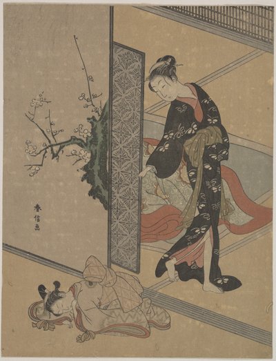 Junge Dame schaut durch die Tür auf ihre Kamuro (kleine Dienerin), die auf dem Boden schläft von Suzuki Harunobu