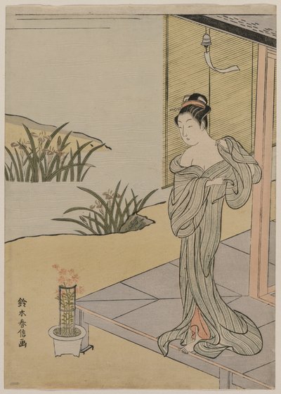 Junge Frau betrachtet einen Topf Nelken, ca. 1767 von Suzuki Harunobu
