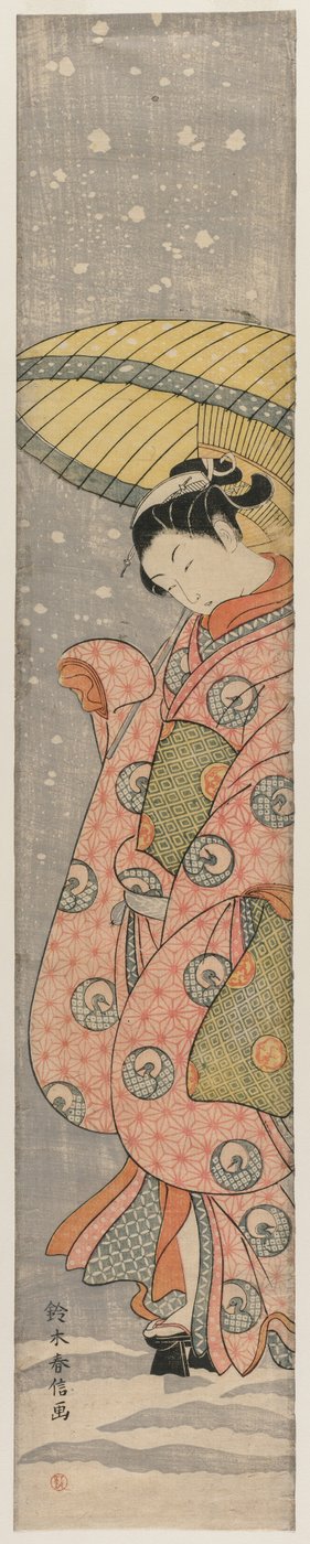 Junge Frau unter einem Regenschirm im Schnee, 1767-1768 von Suzuki Harunobu