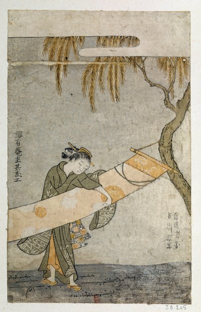 Junge Frau, die ein Kakemono an einen Baum bindet von Suzuki Harunobu