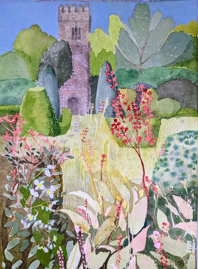 Mittelalterlicher Turm in einem Garten, Dartington, 2022 von Suzy Fasht