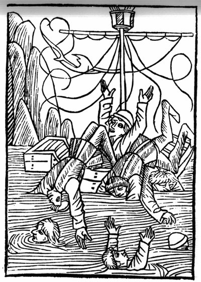 Die Legende von Sankt Brendan (Brandan), Held und irischer Heiliger des 6. Jahrhunderts. Schiffe sinken im Cleves-Meer. Gravur aus „Die Wunderbare Meerfahrt des Hl. Brandan“. Basel von Swiss School