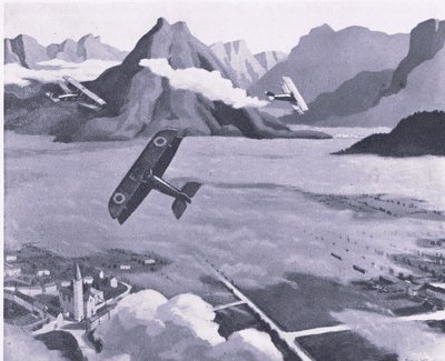 Britische Pfadfinder verlassen ihren Flugplatz auf Patrouille über das Asiago-Plateau, Italien, aus British Adventure, veröffentlicht von Collins, 1947 von Sydney Carline