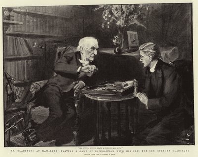 Mr. Gladstone in Hawarden, spielt ein Spiel Backgammon mit seinem Sohn, dem Reverend Stephen Gladstone von Sydney Prior Hall
