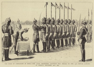 Der Herzog von Connaught in Indien, der Herzog überreicht ägyptische Kriegsmedaillen an die 13. Bengal Lancers in Meerut, 19. Dezember 1883 von Sydney Prior Hall