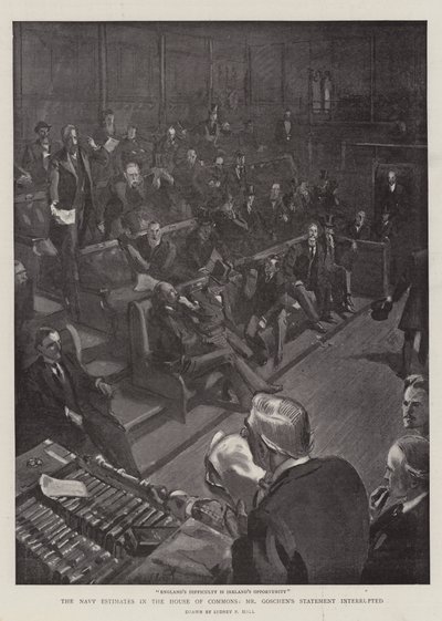 Die Marine-Schätzungen im House of Commons, Mr. Goschens Erklärung unterbrochen von Sydney Prior Hall