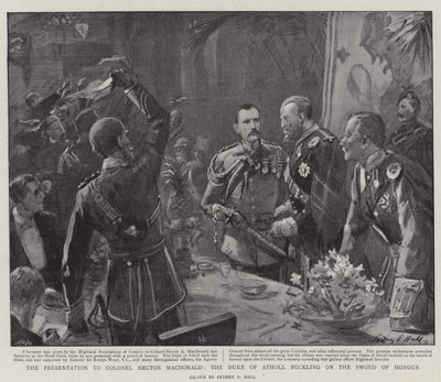 Die Präsentation an Oberst Hector MacDonald, der Herzog von Atholl schnallt das Ehrenschwert an von Sydney Prior Hall