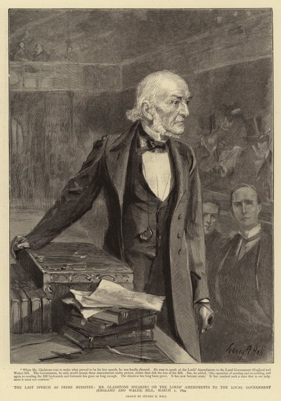 Die letzte Rede als Premierminister, Mr. Gladstone spricht über die Änderungen des Oberhauses zum Local Government (England und Wales) Bill, 1. März 1894 von Sydney Prior Hall