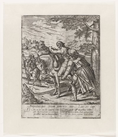 Der barmherzige Samariter hilft dem verwundeten Mann auf seinen Esel von Symon Novelanus