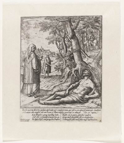 Ein Priester und ein Levit gehen vorbei und lassen den verwundeten Reisenden liegen von Symon Novelanus
