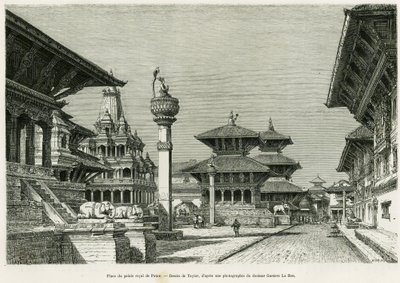 Platz des Königspalastes von Patan (heutiges Lalitpur). Gravur von Taylor zur Illustration der Geschichte Voyage au Nepal, von Dr. Gustave Le Bon (1841-1931), in Le Tour du monde 1886, unter der Leitung von Edouard Charton (1807-1890), Hachette, Paris. von T Taylor