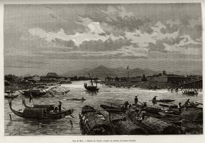 Ansicht von Hue (Vietnam), mit Beschreibung der Navigation auf dem Song Huong Fluss und der Thien Mu Pagode, hinter den Umfassungsmauern. Gravur von Taylor, zur Illustration der Geschichte 