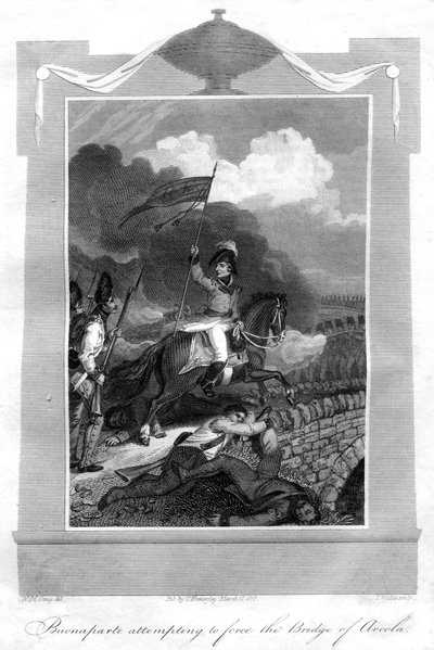 Napoleon Bonaparte versucht, die Brücke von Arcola zu erzwingen, 1816 von T. Wallis