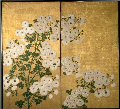 Bildschirmtafeln mit Blumen dekoriert, ca. 1840 von Tabukun Hokio