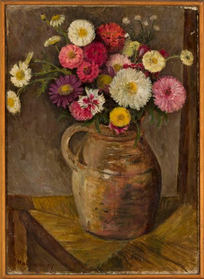 Astern und Zinnien in einem Tonkrug von Tadeusz Makowski