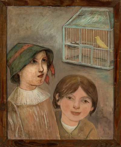 Zwei Mädchen am Käfig mit einem Kanarienvogel von Tadeusz Makowski