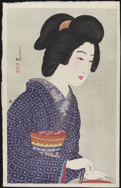Frau sitzt an einem Kohlenbecken, Februar 1925 von Takahashi Hiroaki