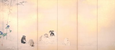 Paravent mit Glyzinien und Morgenröte mit Hunden von Takeuchi Seiho