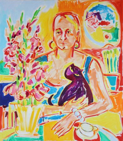 Selbstporträt mit einer violetten Katze nach Max Beckmann von Tamara Jare