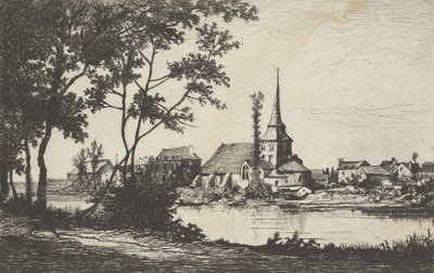 Stadt mit Kirche an einem Fluss, 19. Jahrhundert von Tancrède Abraham