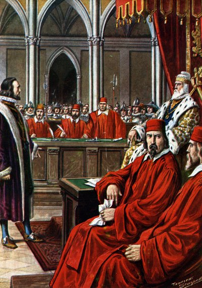 Kretischer Krieg: Der Prozess gegen Francesco Morosini nach der Belagerung von Candia, angeklagt wegen Feigheit und Verrat bei seiner Rückkehr nach Venedig von Tancredi Scarpelli