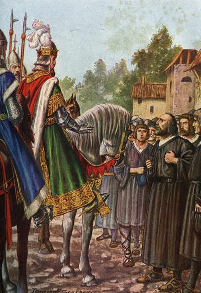 Kaiser Friedrich I. Barbarossa auf seiner zweiten Reise nach Italien 1158, überquert den Fluss Adda und trifft die Menschen von Lodi von Tancredi Scarpelli